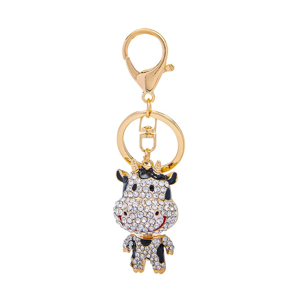 Arfuka Unisex Multicolor Keyring Animal Cow Pendant Keychain Rhinestone Crystal Key Holder Bag Pendant Key Chain Women Gift For Birthday Christmas Festival Black