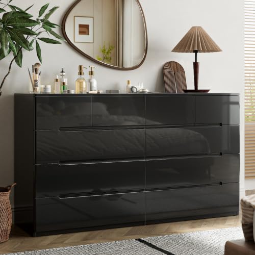 Image of 10 Drawer Black Dresser for Bedroom, 55 inch Long Dresser Chest of Drawers,Large High Gloss Modern Storage Cabinet with Big Drawers Handle Free,Living Room, Entryway, Hallway