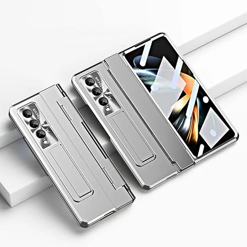 Applicable To Samsung Zfold3/Zfold4 Flat Hinge Folding Electroplated Lens Film Mobile Phone Case, Adjustable Kickstand, Support Wireless Charging, Handsfree Function(Silver, Samsung Zfold 3) #TOP4