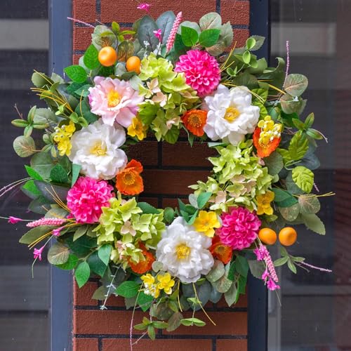 Spring Wreaths for Front Door 24 Inch Vibrant Summer Peony Hydrangea Floral Wreath Artificial Green Eucalyptus Wreath with Realistic Orange Berry Ideal for PorchMantelHome Wall Decor