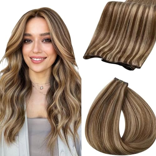 Fshine Genius Weft Tessitura Extension Medio Marrone e Caramello Blond Highlights 45cm 50g Extension Capelli Veri Mastassa Balayage Professionale Capelli per Bambina Hair Extension