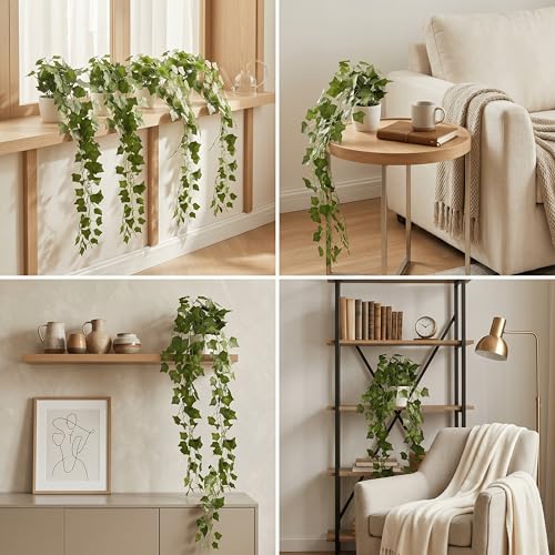 Image of Dekorly Artificial Hanging Garland with Pot - 100cm Rose Vine, 10cm Decorative Pot for Table, Shelf & Wall Decor (4, Star Money Vine)