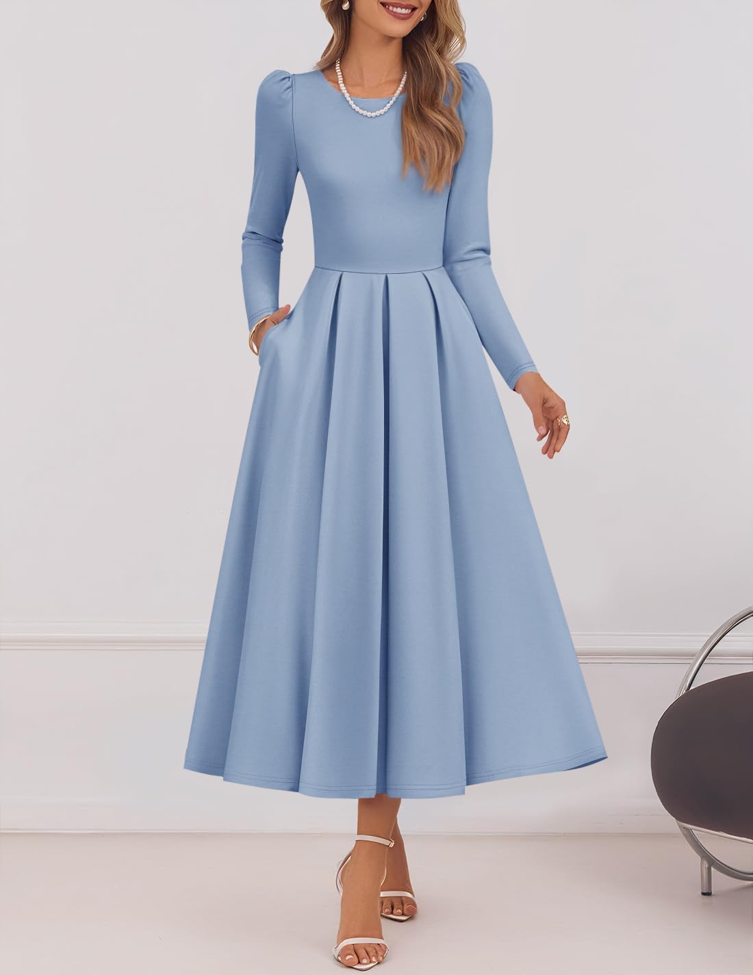 ZESICA Women's Long Sleeve Midi Dresses 2026 Spring Elegant Crewneck Swing A Line Wedding Guest Party Dress with Pockets - Image 2