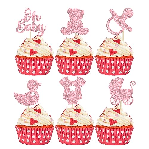 Gyufise 36Pcs Oh Baby Cupcake Toppers Glitter Pacifier Bear Cupcake Picks Cake Decorations for Gender Reveal Baby Shower Kids Boys Girls Birthday Party Supplies Pink