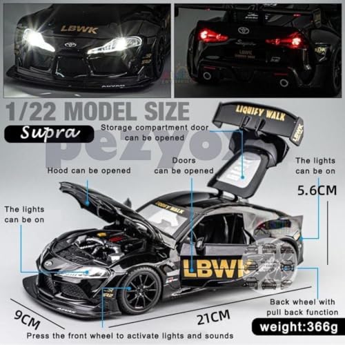 Image of 1 /22 Scale Big Toyota Supra GR LBWK Model Diecast Metal Pullback Toy car with Openable Doors & Light, Music Boys car for Kids Best Toys Gifts Toys for Kids-Black (Black)