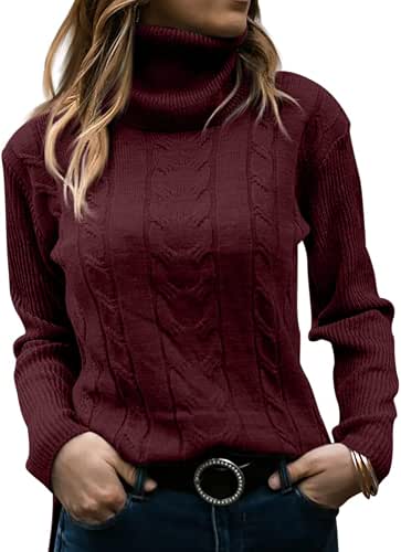 Langwyqu Womens' Turtleneck Long Sleeve Cable Knit Sweaters