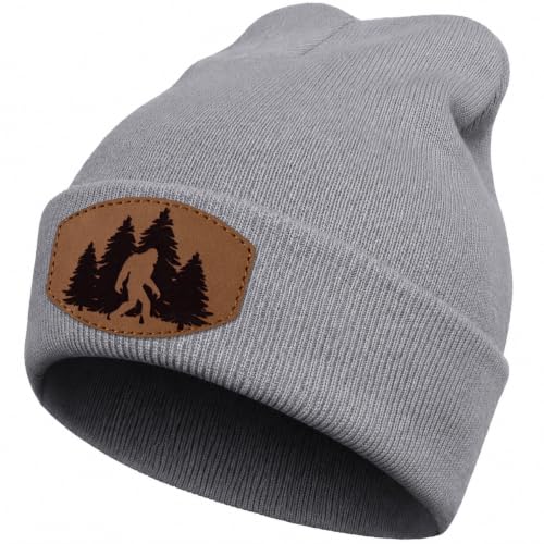 Image of Big Foot Beanie Hat, Sasquatch Leather Patch Winter Knit Skull Cap Bigfoot Gifts for Adult Men Women