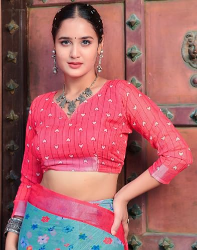 Image of SIRIL Women's Cotton Linen Printed Zari Border Saree with Unstitched Blouse Piece