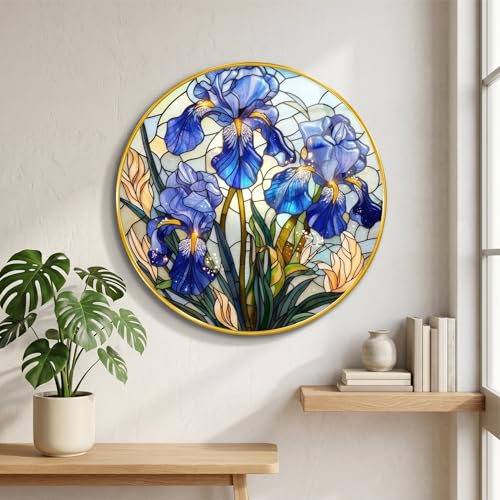 Image of SAF Blue Iris Flower Wall Painting with Golden PVC Frame Round Floral Art Stained Glass Style Modern Decor for Living Room Bedroom Office Home Decorative Gift Item (16 x 16 Inch) GRM-361
