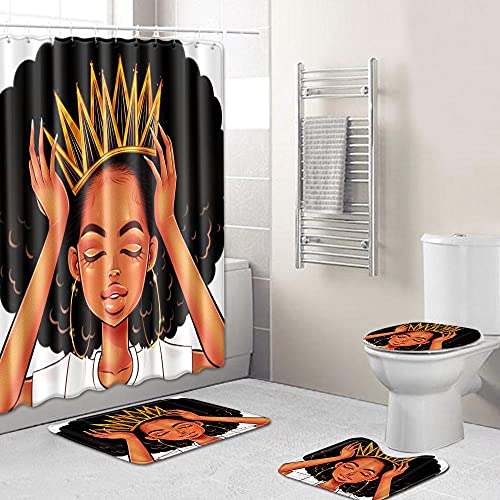ZDDWLDL 3D Gedruckter Duschvorhänge Set Goldene Krone Schwarzes Mädchen Duschvorhang Set 4 Stück Badezimmer Dekor…