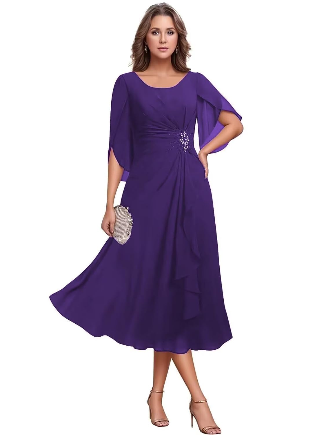 Short Mother of The Bride Dresses for Wedding Chiffon Tea Length Pleats Formal Evening Party Gown JH033