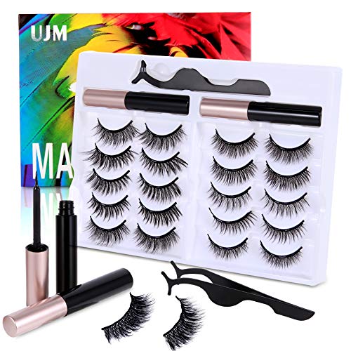 UJM Magnetic Eyelashes 10 Pairs Reusable Magnetic Eyelash and Eyeliner Kit Natural Look False Lashes with Tweezers No Glue Needed Waterproof Magnetic Lashes