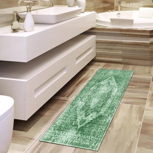 Alfombra verde vintage de cocina y pasillo, 80x220 cm con base antideslizante lavable 4