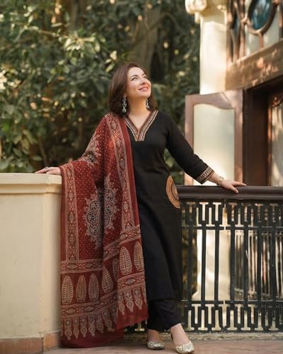 Image of ANNI Designer Women's Rayon Viscose Straight Embroidered Kurta with Pant and Dupatta | V-Neck Kurti Set | 3 /4 Length Regular Sleeves | Soft Comfortable Fabric | 3 Piece Outfit