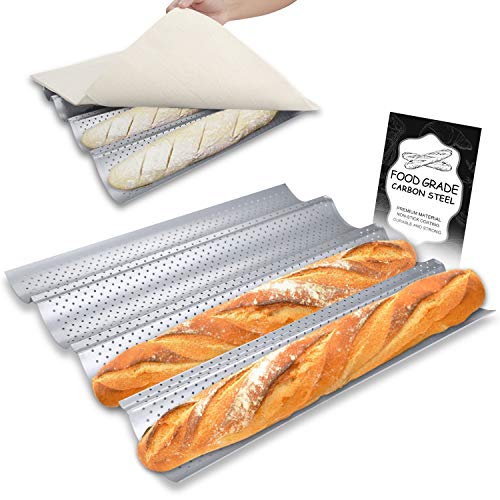 Walfos Non-stick Perforated French Baguette Bread Pan with Professional Proofing Cloth 15X 13 French Bread Baking Pan  4 Wave Loaves Loaf Bake Mold Toast Perforated Bakers Molding