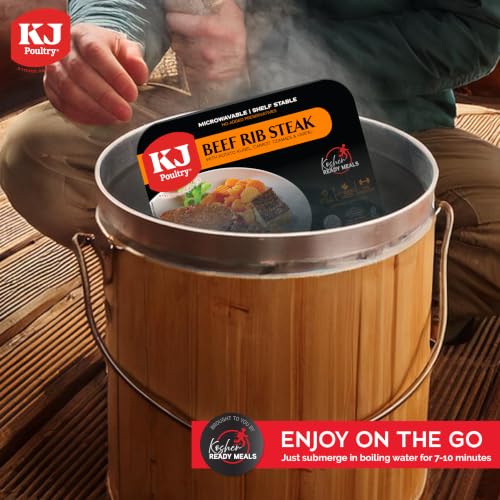 Image of KJ Poultry Kosher Ready Meals - Beef Rib Steak & Kugel, MRE Meat Meals Ready to Eat, Shabbat Food (6 Pack) Prepared Entree Fully Cooked, Shelf Stable Microwave Dinner Travel Military Camping Survival
