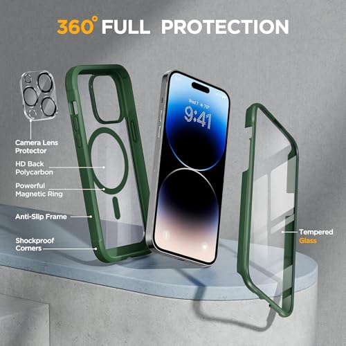 Image of Miracase Magnetic for iPhone 14 Pro Max Case 6.7 inch, (Compatible with MagSafe) Upgrade Full-Body Clear Phone Bumper Case with Built-in 9H Tempered Glass Screen Protector, Magnetic Acacia Green