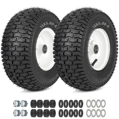 GICOOL 13x5.00-6 Rubber Lawn Mower Tire and Wheel 2 Pcs Replacement 13x5-6nhs Riding Mowers Lawn Pneumatic Tire with Bearing Bore 3/4 & 5/8 3 Centered Hub