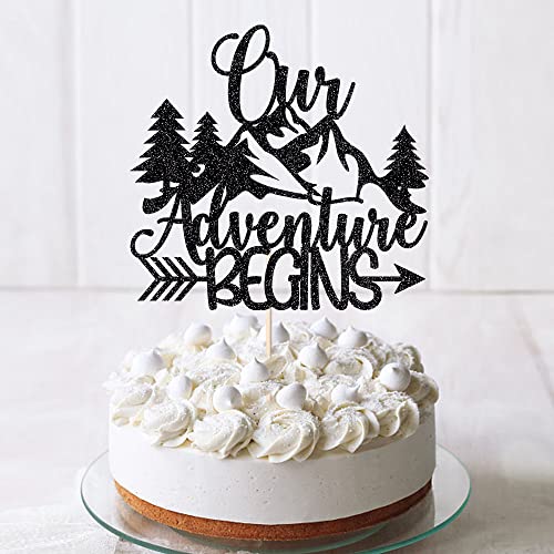 Our Adventure Begins Cake Topper, Black Glittery Going Away Party Cake Decor,Rustic Chic Travel Bridal Shower and Engagement Party Decoration