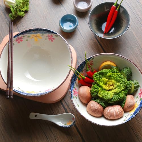 Ramen Schüssel Set 2 x 1200ml Keramik Ramen Bowl mit Essstäbchen und Löffeln,Japanisches Stil Porzellan Geschirr Suppenschüssel Groß Salatschüssel Pho Bowl,Mikrowelle & Spülmaschinenfest,Blume