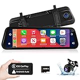 Roinvou Wireless CarPlay Android Auto 9.66'' Mirror Dash Cam Front and Rear View Dual Cameras, FHD Smart Rearview Mirror, Night Vision, Parking Monitor, Voice Control, Night Vision, Free 32GB Card