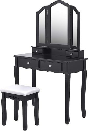 Miniatura 6 de Casart Tri - Juego de taburete plegable para baño con espejo plegable con 4 cajones, Blanco