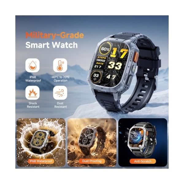Smart Watches for Men, 1400mAh Military Smart Watch with LED Flashlight, 2.01" Fitness Tracker, Bluetooth Call, 100+ Sports, Heart Rate SpO2 Sleep, IP68, Smart Watch for Android Phones & iPhone - Image 5