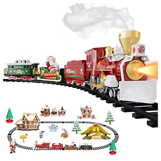 Supdex Christmas Train Set , Remote Control Train with Steam & Sound & Light, Electric Train Toy with Locomotive & Cargo Cars & Tracks ,Great for Girls and Boys 3 4 5 6 7 8+Years Old