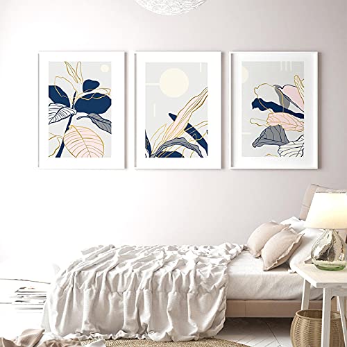 Art Abstrait Imprimé Bleu Rose : triptyque moderne Monstera 60x90cm sans cadre pour salon