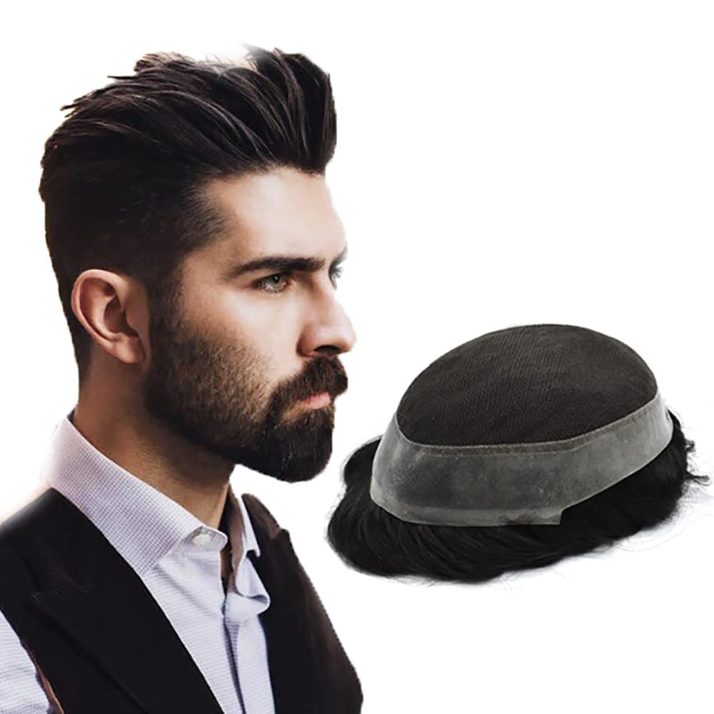 US Toupee For Men Hair Units French Lace Hair Pieces Real Human Hair With Clear Poly Skin Aroud Mens Toupee Mix Gray Hair Breathable Men Hair Replacement Systems US Stock. (8X10"-100% light to medium density, 5# MEDIUM LIGHT BROWN)