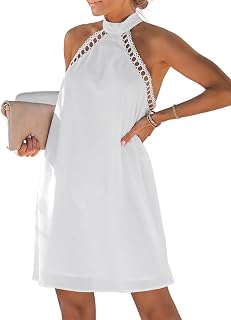 Women Lace Trim Summer Dress Halter High Neck with Tie Backless A Line Lining Casual Sundress Holiday Mini Dress