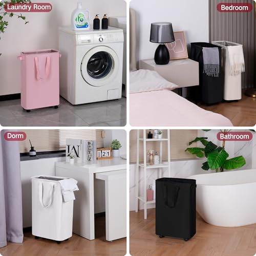 efluky Slim Laundry Hamper with Wheels, Rolling Laundry Basket for Clothes, Small Laundry Basket for Bedroom, Dorm and Laundry Room, 60L (12.7 Gallons) White