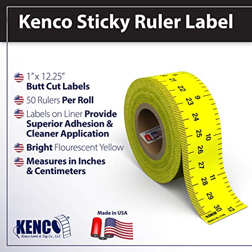 Image of Kenco Pre-Cut Ruler Labels, Repeating 1 Inch X 12 Inch US & Metric Measurements, Bright Yellow - Made in The USA (1 Pack 50 RULERS)