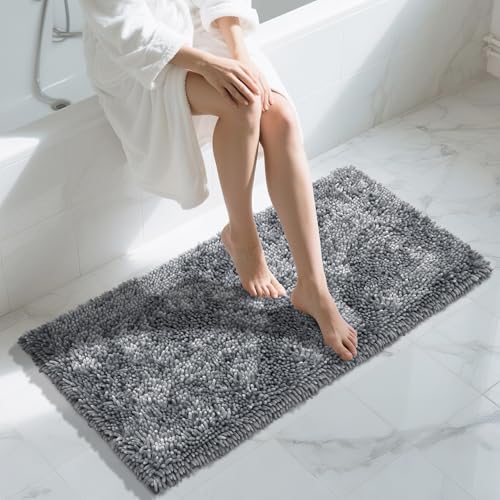 Image of Yimobra Luxury Chenille Bathroom Rug Mat, Extra Soft and Absorbent Shaggy Bath Rugs Non Slip, Machine Washble Dry, Plush Floor Carpet for Tub, Shower, and Bath Room, 36x24 Inch, Silver