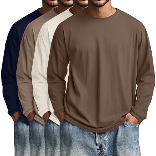 Image of August Alley 4 Pack Men's Big and Tall Cotton Shirts L-7XL, Long Sleeve Oversized Tops Loose Casual Large T-Shirts Basic Tee