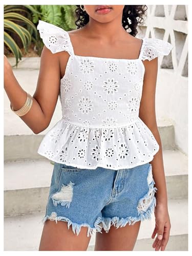 Floerns Girl's Cut Out Bow Tie Back Blouse Eyelet Embroidery Ruffle Cap Sleeve Boho Shirts4