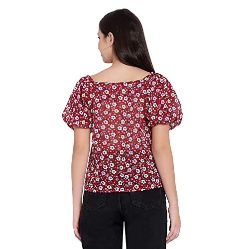 Image of FNOCKS Women Button Closure Short Sleeves Floral Printed Tops /Georgette Fabric