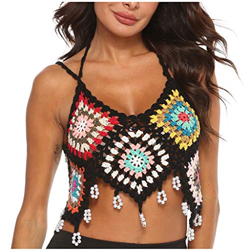 BCDlily Women Handmade Crochet Halter Crop Top Tassel Hollow Bikini Cover Ups Beachwear(M, Black)