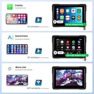 GOHHDL Moto Carplay Écran avec sans Fil Carplay Android Auto, 5 Pouces IP67 Étanche Portable pour Moto avec Navigation Siri Bluetooth Trans Airplay Android Cast EQ +64G TF Card