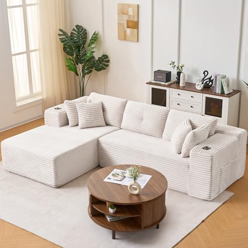 Modular Sectional Sofa, 105″ Boneless Cloud Couches for Living Room, Plush Corduroy Comfy L Shaped Couch with Chaise Deep Seat Sofa, 4 Pillows & Cup Holder, No Assembly Required, Beige