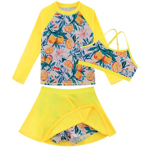 Image of Girls Swimsuit Long Sleeve Swim Shirt 3 Piece Rash Guard for Girls Bathing Suit with Boyshorts