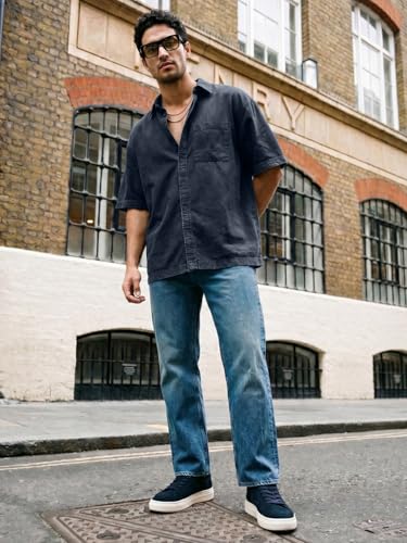 Image of Urbano Fashion Men's Oversized Fit Half Sleeve Washed Casual Denim Shirt