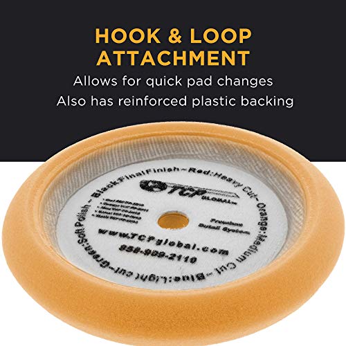 Image of TCP Global 8 inch Orange Coarse Foam Buffing Pad & 7 inch Flexible Edge Hook and Loop Backing Pad, 5 /8 inch