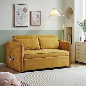 Erye 3 in 1 tufted upholstered futon loveseat convertible sleeper bed wpull out sleep sofabed functional reclining backrest adjustable armrests love seat sofa couch for living room yellow  urban country home decor