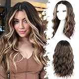 Eawwii Dark Brown Mixed Blonde Short Wavy Wig for Women Lace Hairline Bob Style Synthetic Heat Resistant - Natural Appearance for Everyday Hairstyle 18 Inch