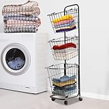 Cesto portabiancheria a 3 ripiani, con ruote, design a griglia in metallo, 3 scomparti, sistema di smistamento per soggiorno, balcone, cucina (nero)