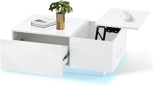 CLIPOP Lift Top Coffee Table with Charger Station, High Gloss Coffee Table with 2 Drawers, Modern Sofa Side Table for Home Office Living Room