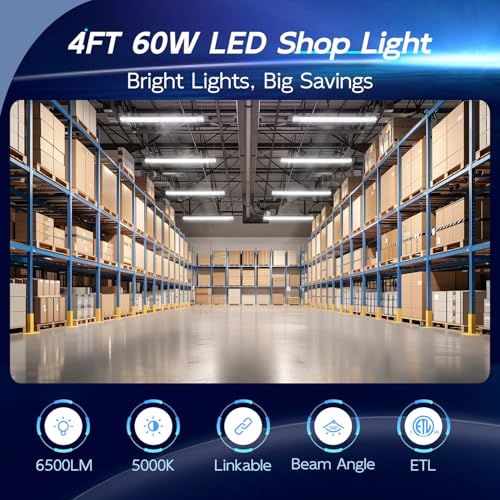 Image of hykolity 60W 4FT Linkable LED Shop Light for Garage,6500LM | Utility Shop Light Fixture,5000K Daylight LED Workbench Bay Lighting with Plug,Hanging or Surface Mount,White-ETL,10 Pack