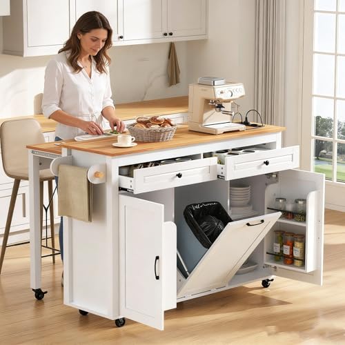 Yihomfy îLot De Cuisine sur roulettes,40~75cm Desserte de Cuisine à roulettes Extensible,2 Portes,2 Tiroirs, Poubelle et Étagères Réglables pour Cuisine...