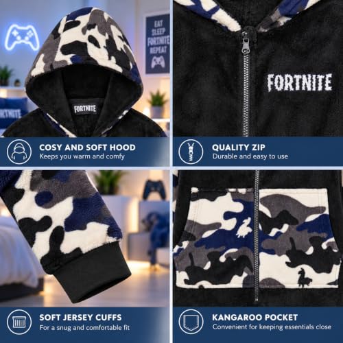 Get Trend Fortnite Onesie for Boys Teens 7-16 Years, Hooded Fleece Jumpsuit Pyjamas, Cosy PJs Loungewear, Gamer Gifts for Boys (15-16 Years, Black Camo Fortnite) — photo 4
